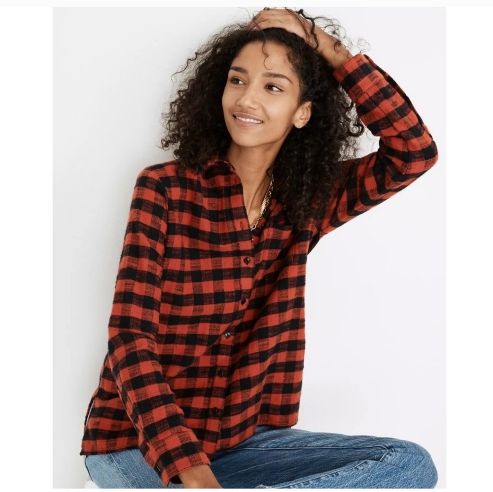 Madewell Flannel Orange Oversized Ex Boyfriend Shirt In Buffalo Check Small